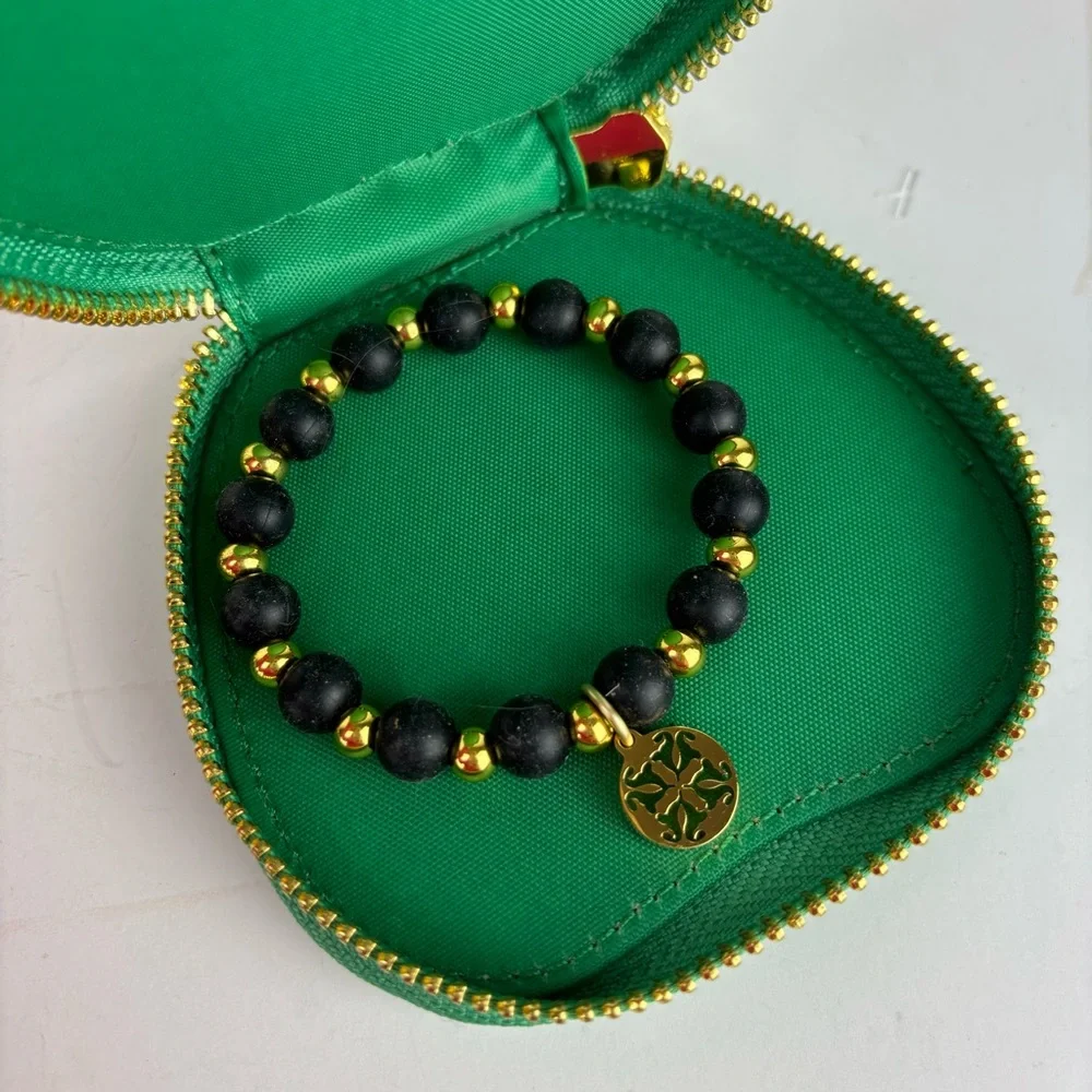 Rustic Cuff Girls stretch black bead bracelet & Erin Green Apple Wristlet